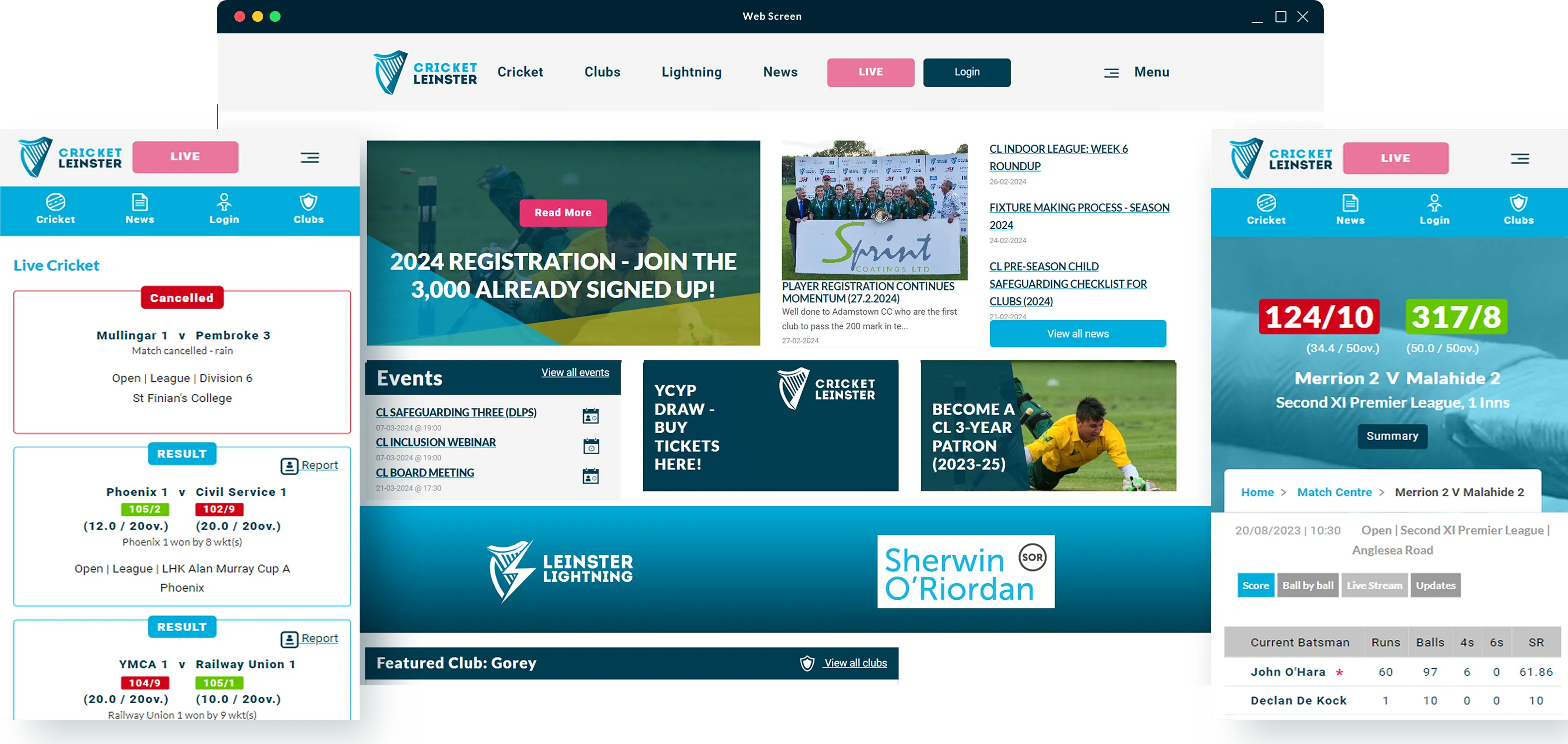 Cricket Leinster website on various screen sizes.