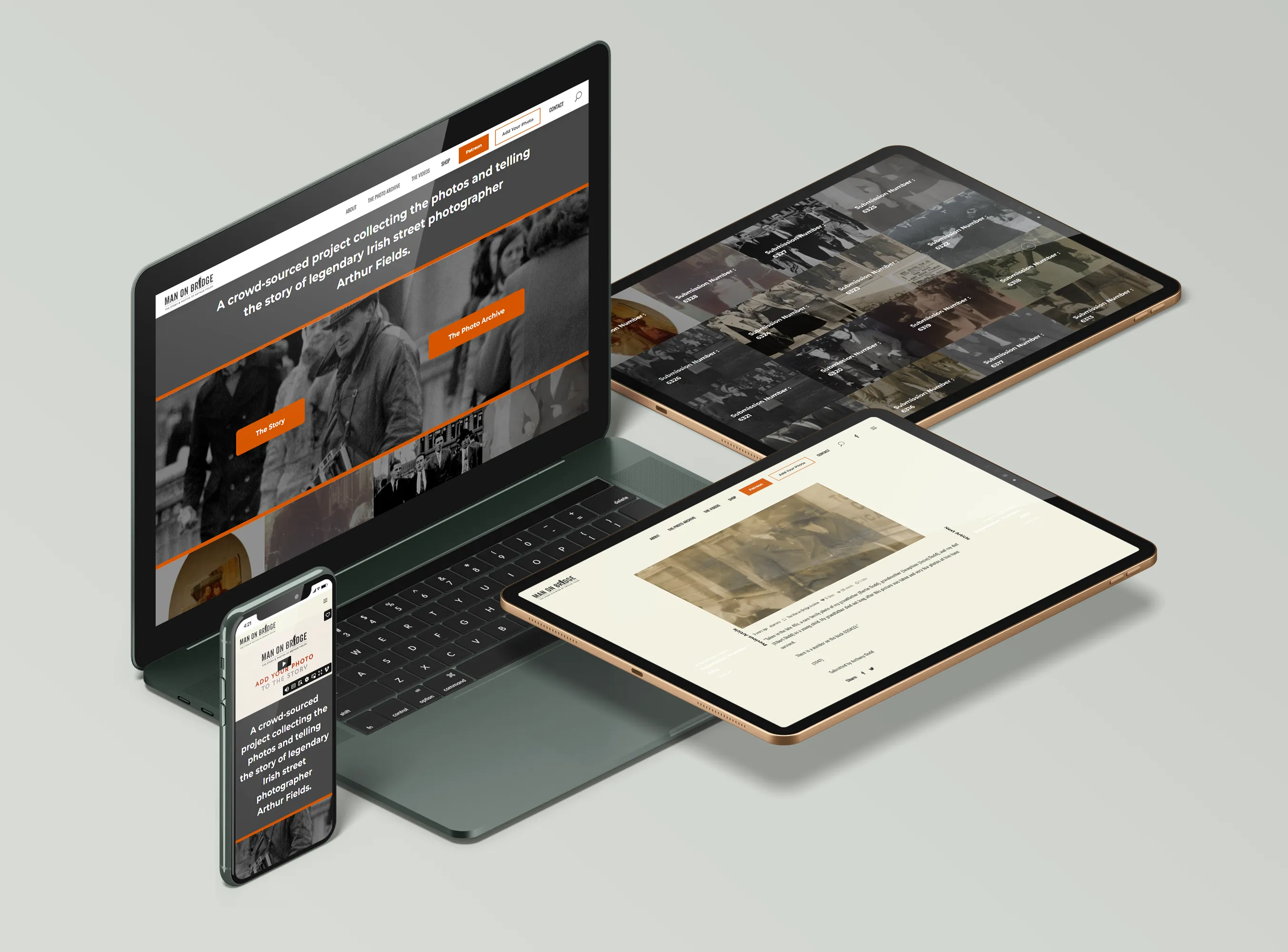 Man on bridge website displayed on various devices.