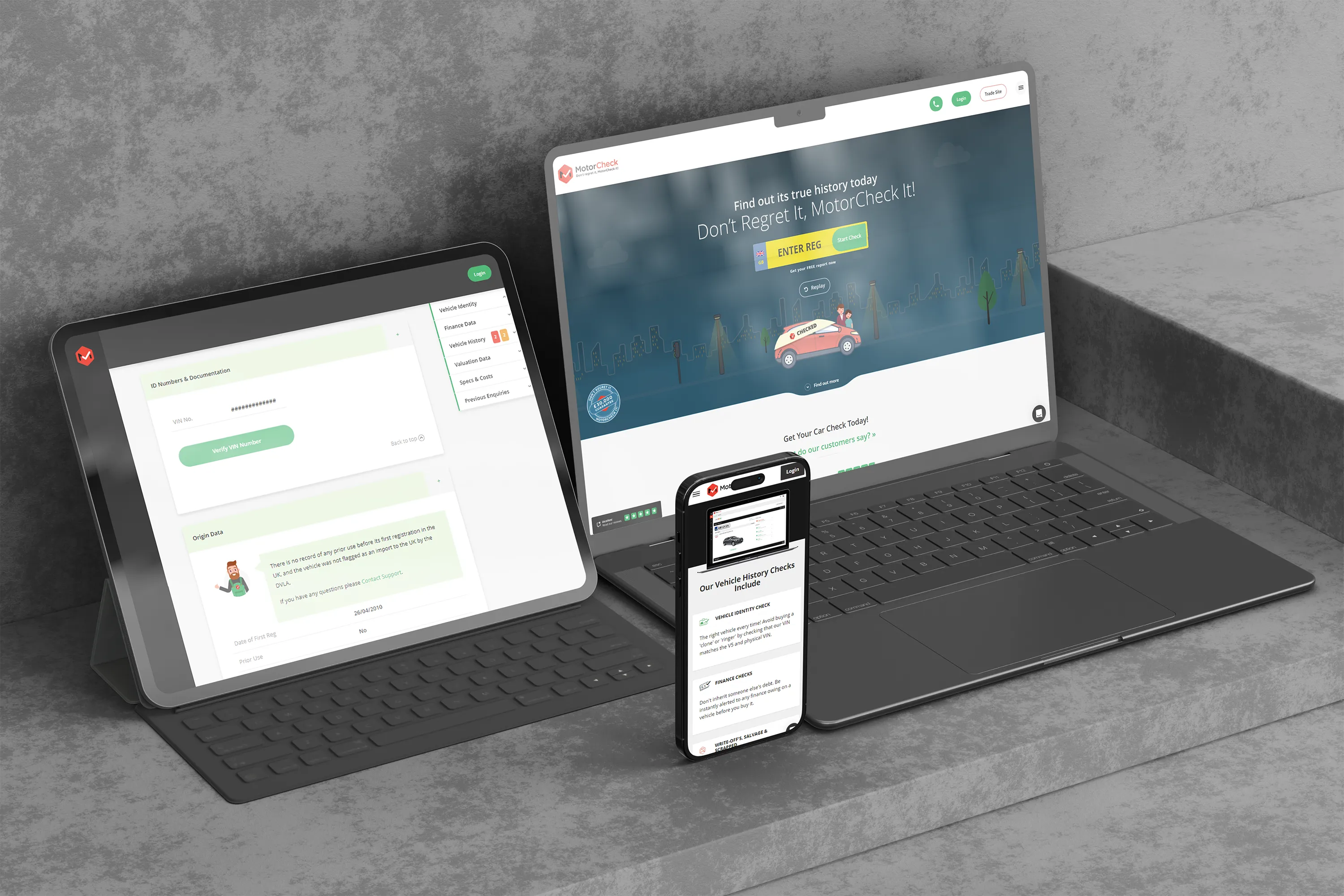 MotorCheck application displayed in various screen sizes