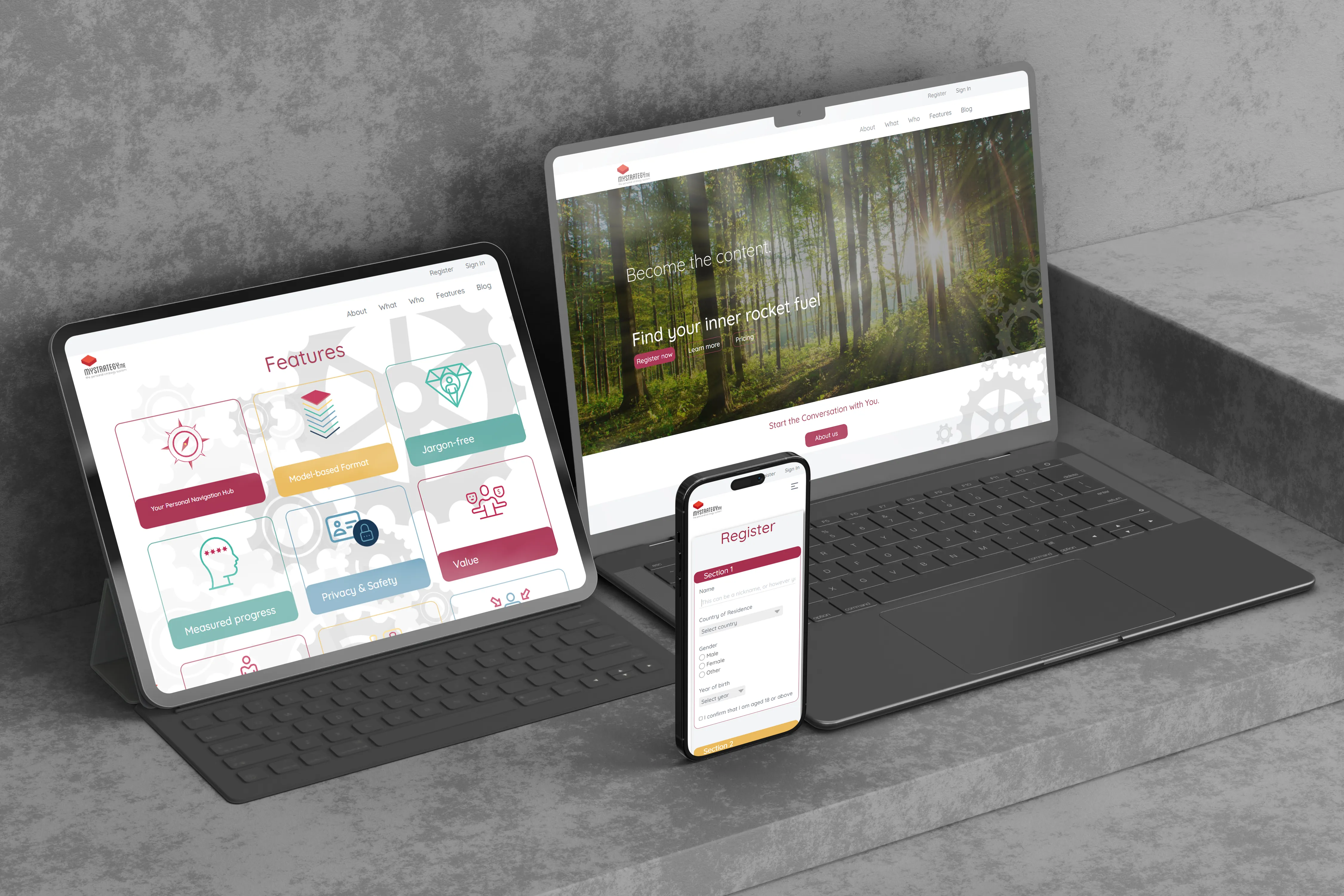 Screenshots of the My Strategy website on various devices.