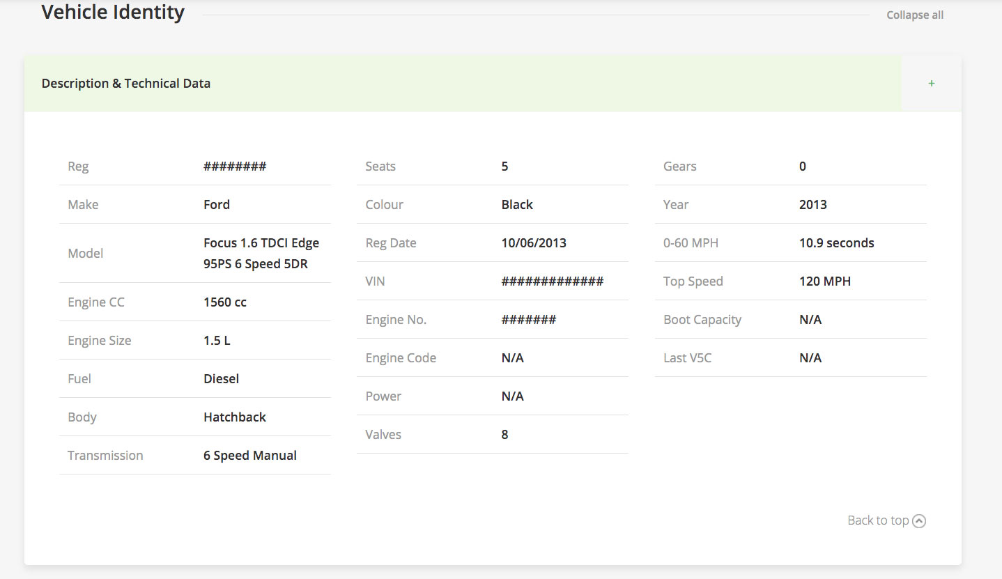 Motorcheck IE car report (vehicle identity section)